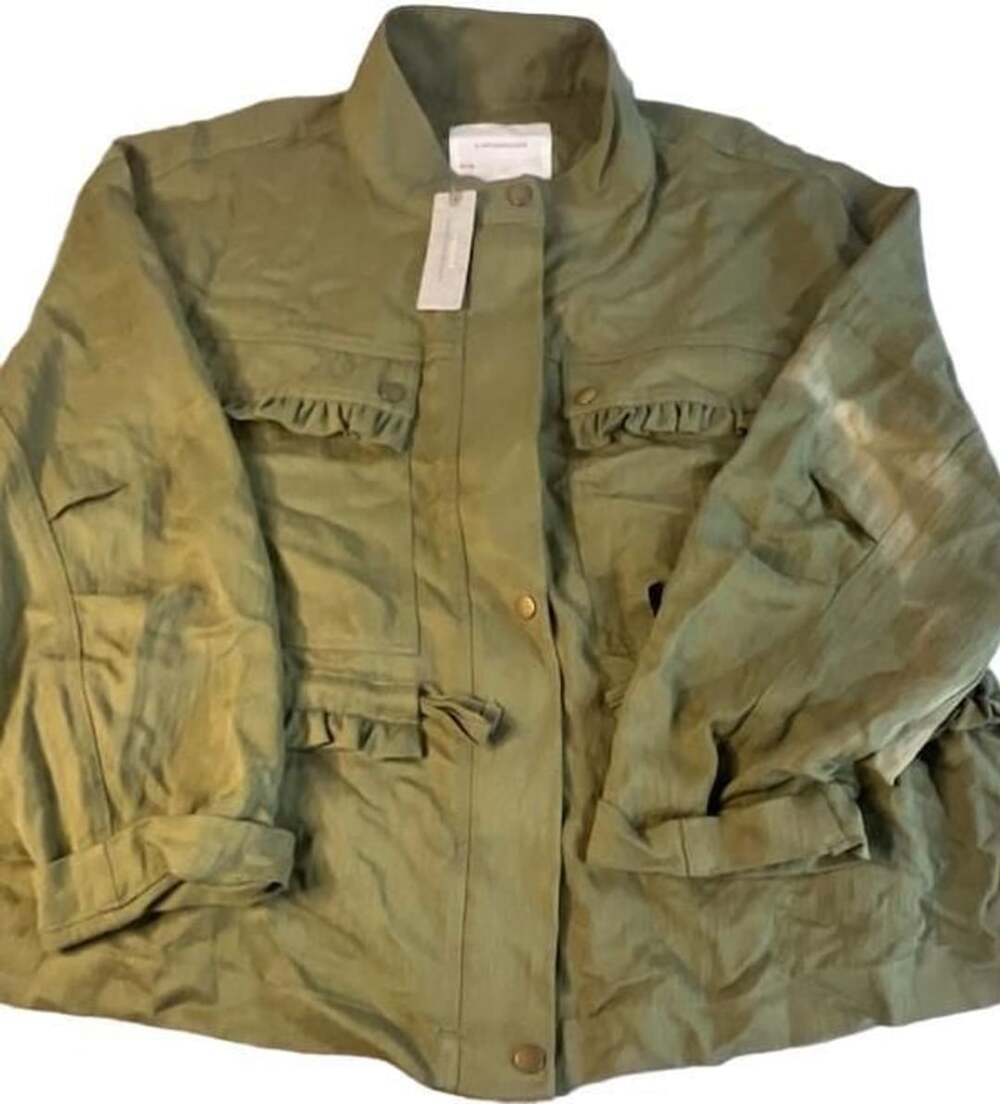 Anthropologie Utility Jacket LP Olive Green Ruffle Pocket Discoloration to left